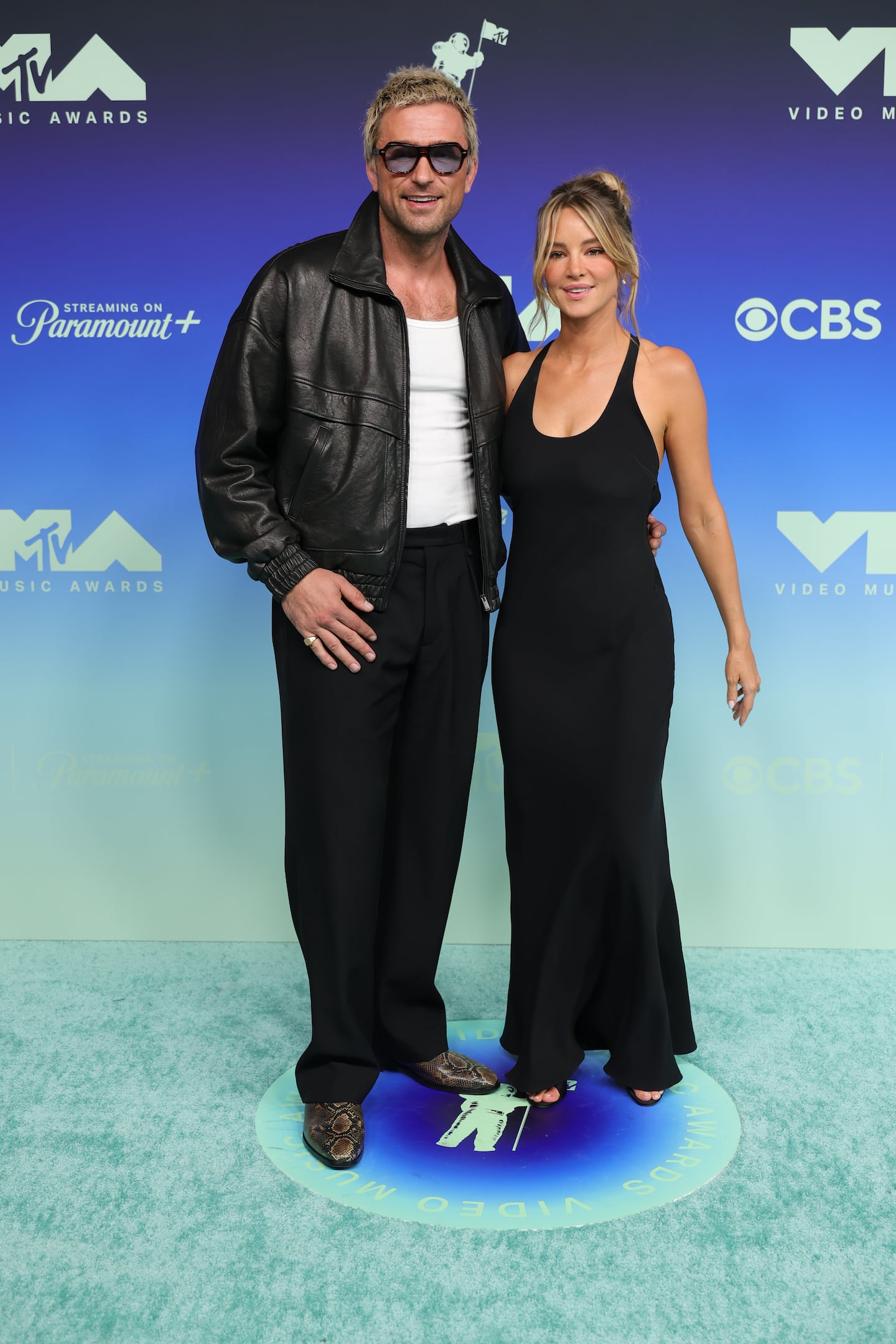 From left: Brandon Sklenar and Hassie Harrison attended the MTV Video Music Awards at the Peacock Theater in Los Angeles on Sept. 27.