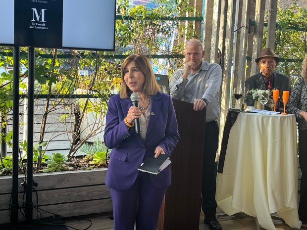 San Diego County District Attorney Summer Stephan speaks at the Bilateral Safety Corridor Coalition's "Be the Light" event against human trafficking on April 24, 2025 at The Lot in La Jolla. (Noah Lyons)