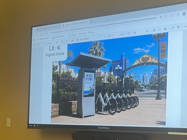A rendering in San Diego County Bike Coalition's Sept. 15 presentation shows what docked e-bike sharing could look like in the Gaslamp District in downtown San Diego. (Noah Lyons)