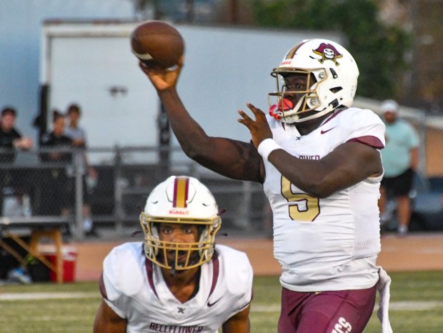 Bellflower quarterback Elacion Saxton (5) throws a pass as they play Whittier in their non-league football game at Pioneer High School in Whittier on Thursday September 10, 2026. Bellflower defeated Whittier 58-7. (Photo by Keith Durflinger, Contributing Photographer)