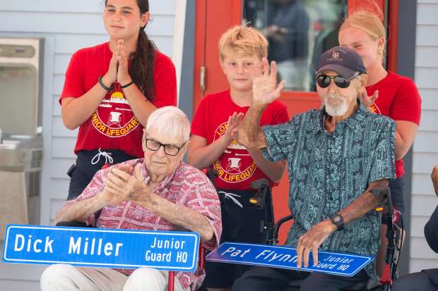 From left, Dick Miller and Pat Flynn attend a dedication ceremony of Long Beach's Junior Lifeguard Facility in their honor on Thursday, July 16, 2026. Miller and Flynn were instrumental in establishing the City's Junior Lifeguard program in 1971. (Photo by Drew A. Kelley, Press-Telegram/SCNG)