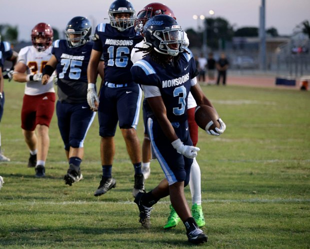Mayfairs Jeromy Powell (3) celebrates his touchdown as the Monsoons take on Wilson in Bellflower, CA, on Friday, August 21, 2026. (Photo by Tracey Roman, Contributing Photographer)