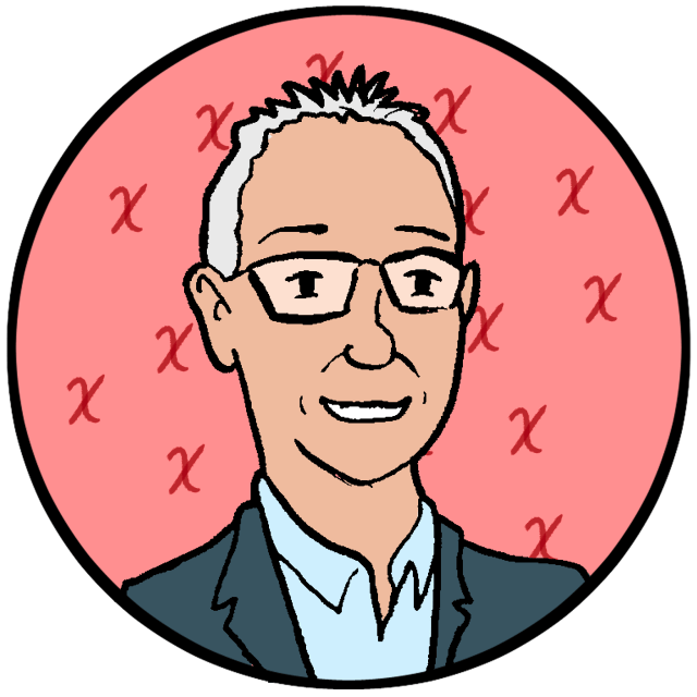 Illustration of a smiling person with short gray hair and glasses, wearing a suit jacket, in front of a pink background with red X patterns.