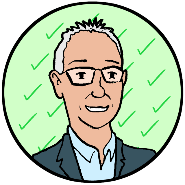 Illustration of a smiling person with short gray hair and glasses, wearing a suit jacket, set against a green background with check marks.