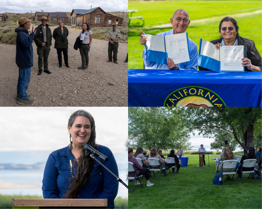 Top left: Tribal Elder Dean Tonenna shares information on a tour of Bodie State Historic Park. Top right: State Parks Director Armando Quintero and Kootzaduka’a Tribal Chair Charlotte Lange. Bottom left: CNRA Deputy Secretary of Tribal Affairs Geneva E.B. Thompson addresses the gathering. Bottom right: Sierra District Coordinating Tribal Liaison, Scott Green welcomes Parks staff, Kootzaduka’a Tribe and attendees to the MOU signing ceremony.