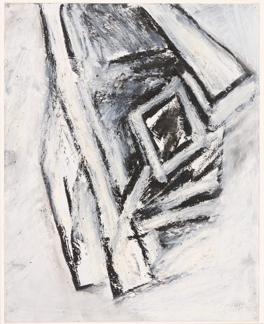 Abstract painting with bold, black and white angular lines forming geometric shapes on a textured, grayish background.