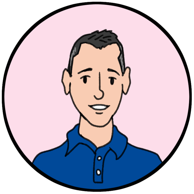 Illustrated portrait of a smiling person with short dark hair, wearing a blue collared shirt, set against a pink circular background.