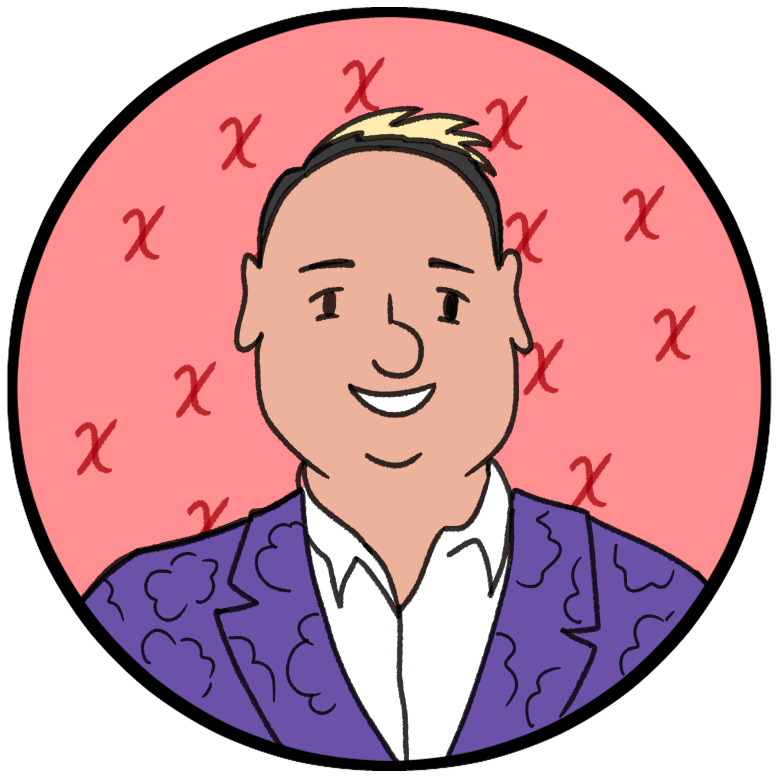 Cartoon illustration of a smiling man with short hair, wearing a white shirt and a purple patterned blazer, set against a light blue circular background.