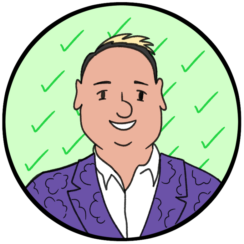 Cartoon illustration of a smiling man with short hair, wearing a white shirt and a purple patterned blazer, set against a light blue circular background.
