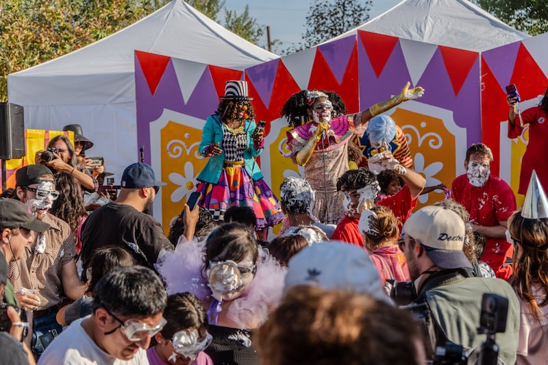 Closing remarks by a pie-covered clown at the Clown Closing & Pie Fight event.