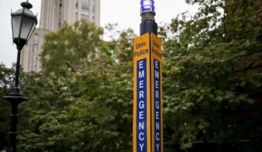 An emergency blue light phone on campus.