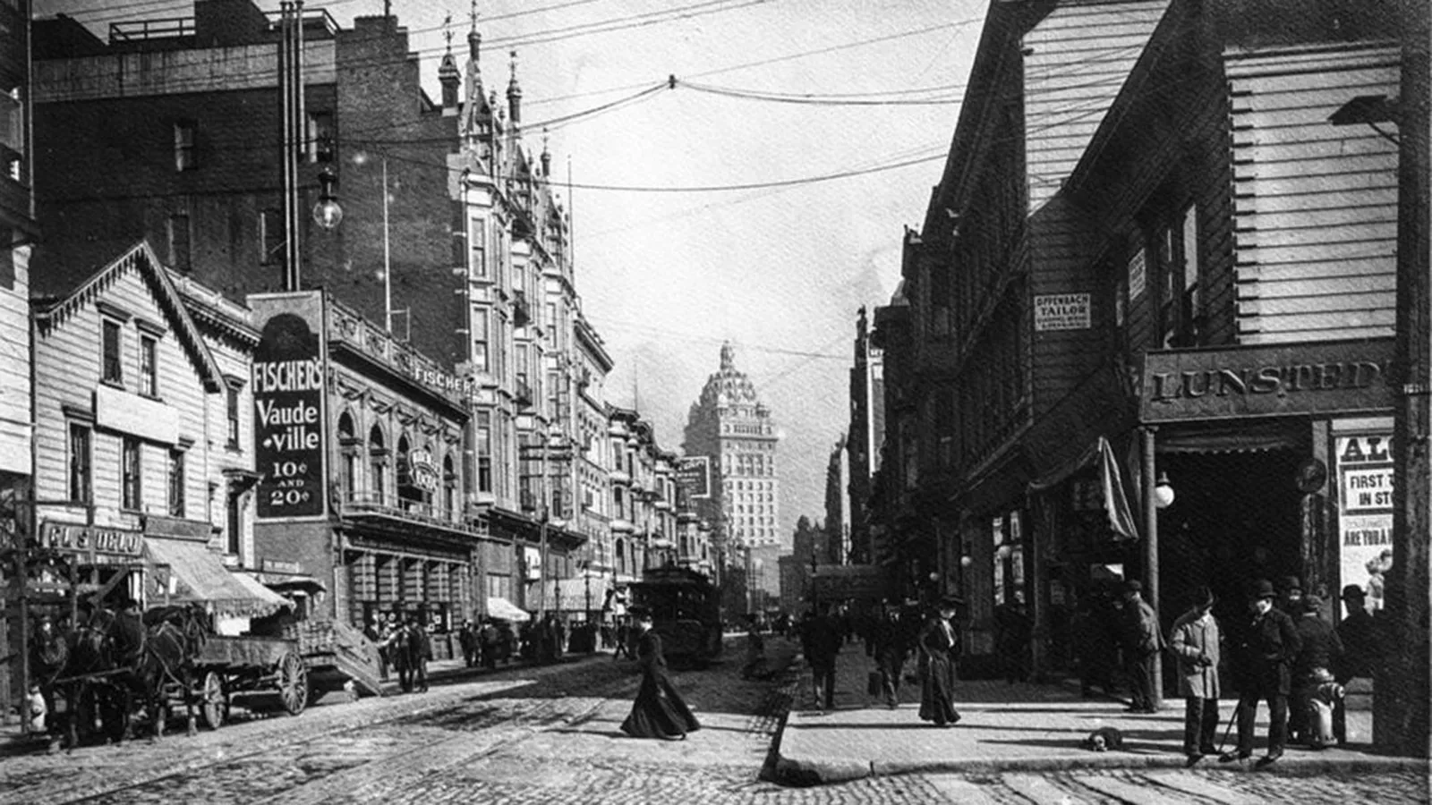 A view from O'Farrell St Powell Street to the Call Building before 1906.