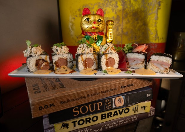 The Shore's Chef's Favorite Bacon-Wrapped Hotdog and Spam Musubi at the new shaved ice and Hawaiian restaurant in San Juan Capistrano on Wednesday, August 12, 2026. (Photo by Mindy Schauer, Orange County Register/SCNG)