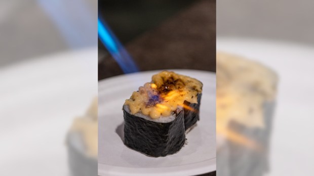 Shootz's Spam brûlée musubi. (Photo by Won Ho Frank Lee, courtesy of Shootz)
