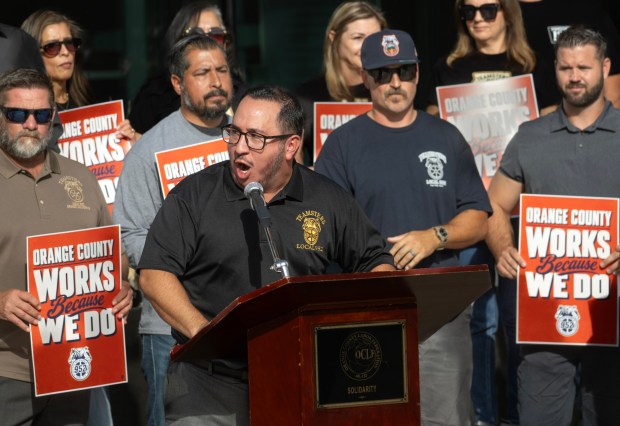 Eric Jimenez, Teamsters Union secretary-treasurer of Local 952, says if negotiations for a "fair contract" stall, 465 Orange County employees will strike. This will affect all of Orange County, Jimenez says, including workers at animal shelters, parks, waterways, roads, and landfills. (Photo by Mindy Schauer, Orange County Register/SCNG)