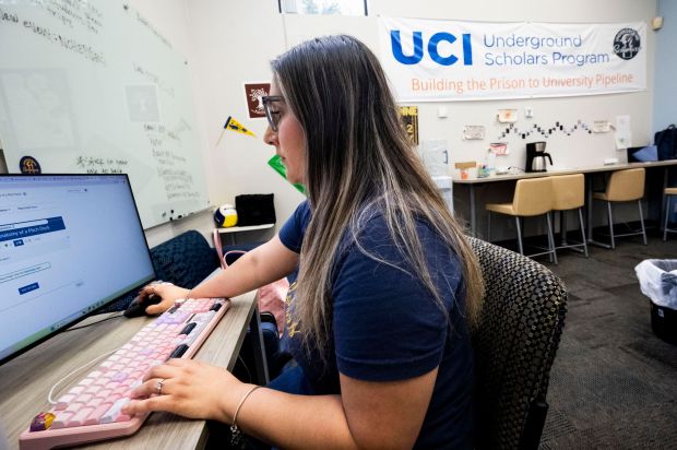 Stephanie Vanessa Rodriguez, a mentor for Peer Leader for Underground Scholars, works in the group's office at UC Irvine. (Photo by Paul Bersebach, Orange County Register/SCNG)