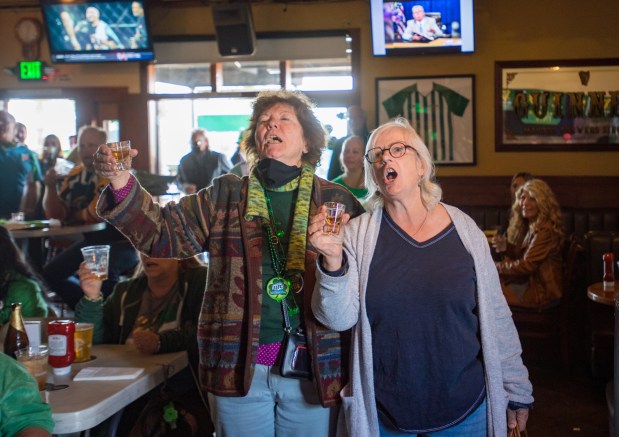 Visitors at The Harp Inn celebrate on Wednesday, March 17, 2021, in Costa Mesa, CA. (Photo by Jeff Gritchen, Orange County Register/SCNG)