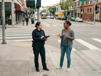 Oakland pedestrian accident victim documenting crash details with police at an intersection