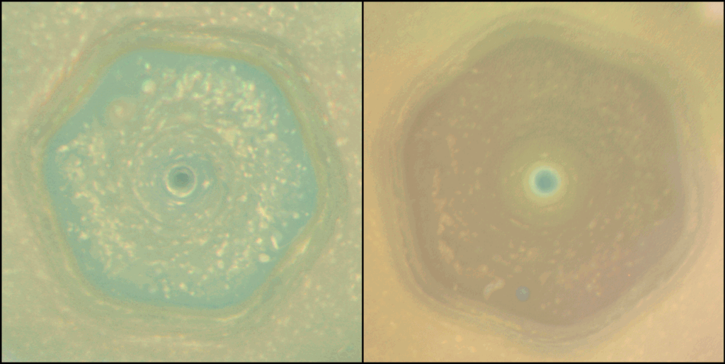 Side-by-side images of Saturns north pole hexagon: left shows a bright, blue hexagonal shape; right shows a faded, tan hexagon, demonstrating seasonal atmospheric changes. Credit: NASA/JPL-Caltech/Space Science Institute/Hampton University