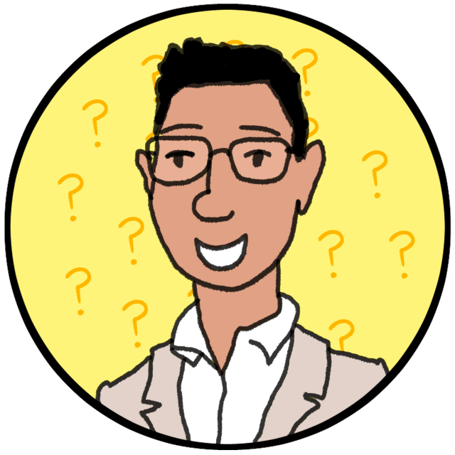 Cartoon of a smiling person with short dark hair and glasses, wearing a suit jacket and collared shirt, with yellow question marks in the background.