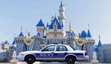 A police car in front of Sleeping Beauty castle at Disneyland