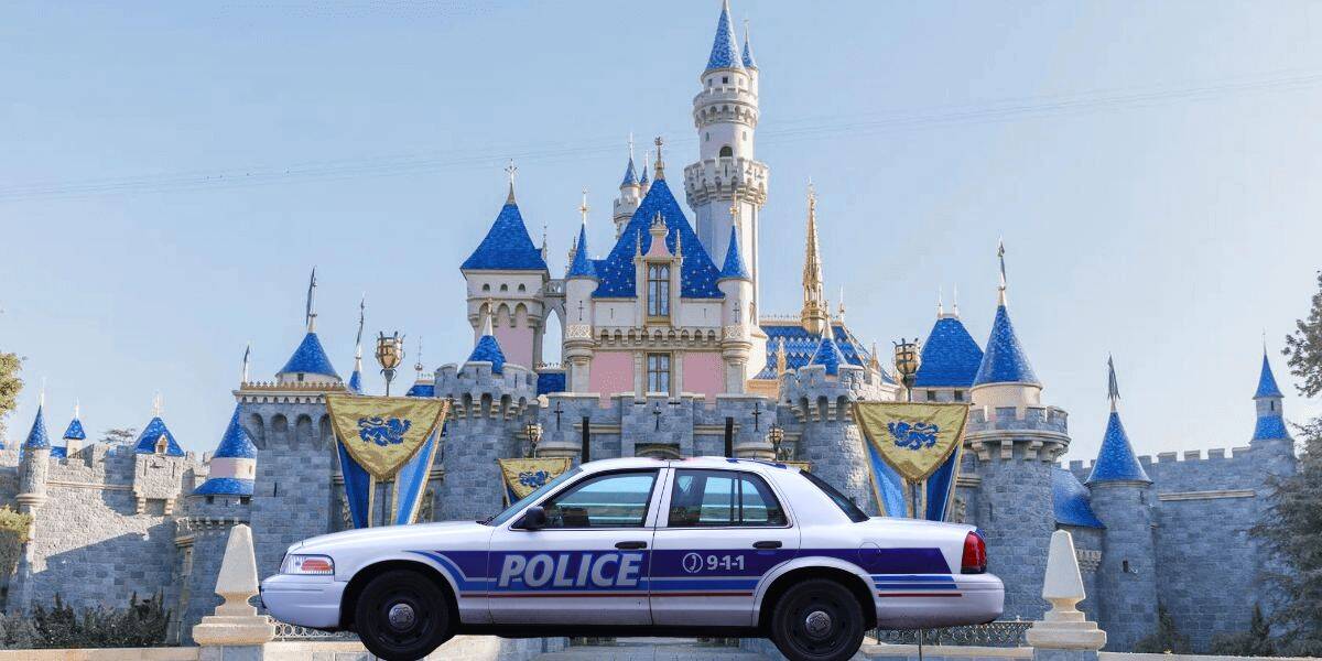 A police car in front of Sleeping Beauty castle at Disneyland