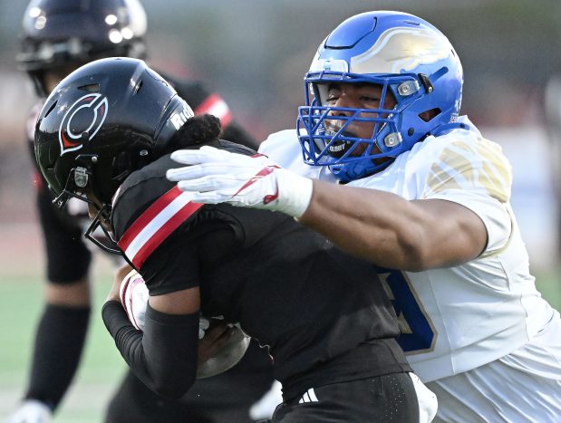 Santa Margarita defensive lineman Kingston Jimmerson (99) sacks Centennial quarterback Jaden Jefferson (3) in the nonleague football game in Corona on Friday, Aug. 28, 2026. (Photo by Terry Pierson, The Press-Enterprise/SCNG)
