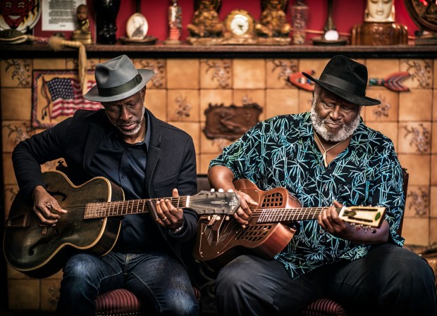Keb' Mo' (left) and Taj Mahal are touring together this summer as TajMo. The duo will perform next week with their band at Humphreys Concerts by the Bay (Courtesy of Jay Blakesberg)