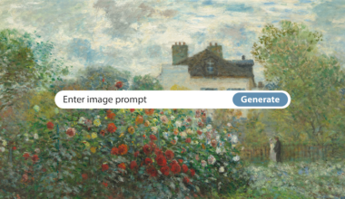 Impressionist painting of a colorful flower garden, trees, and a partially hidden house, overlaid by an image-generation prompt bar.