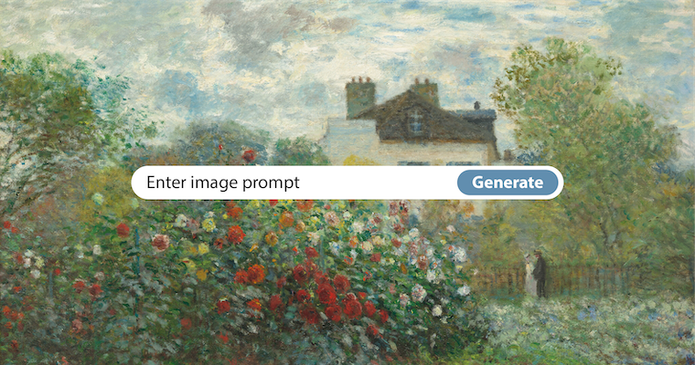 Impressionist painting of a colorful flower garden, trees, and a partially hidden house, overlaid by an image-generation prompt bar.