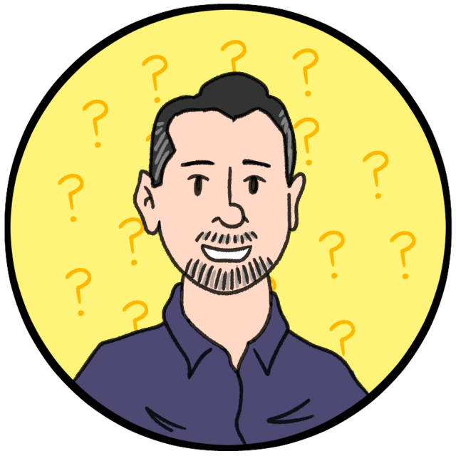 Cartoon man with short dark hair and a beard, wearing a collared shirt, is shown with a background of yellow question marks on a yellow circle.