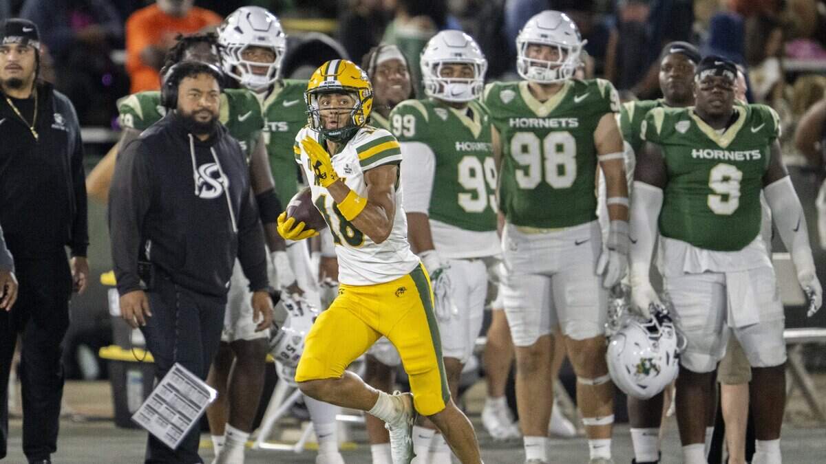 North Dakota State Bison wide receiver Jackson Williams (18) runs after making a catch against the Sacramento State Hornets in the first half Saturday in Sacramento.