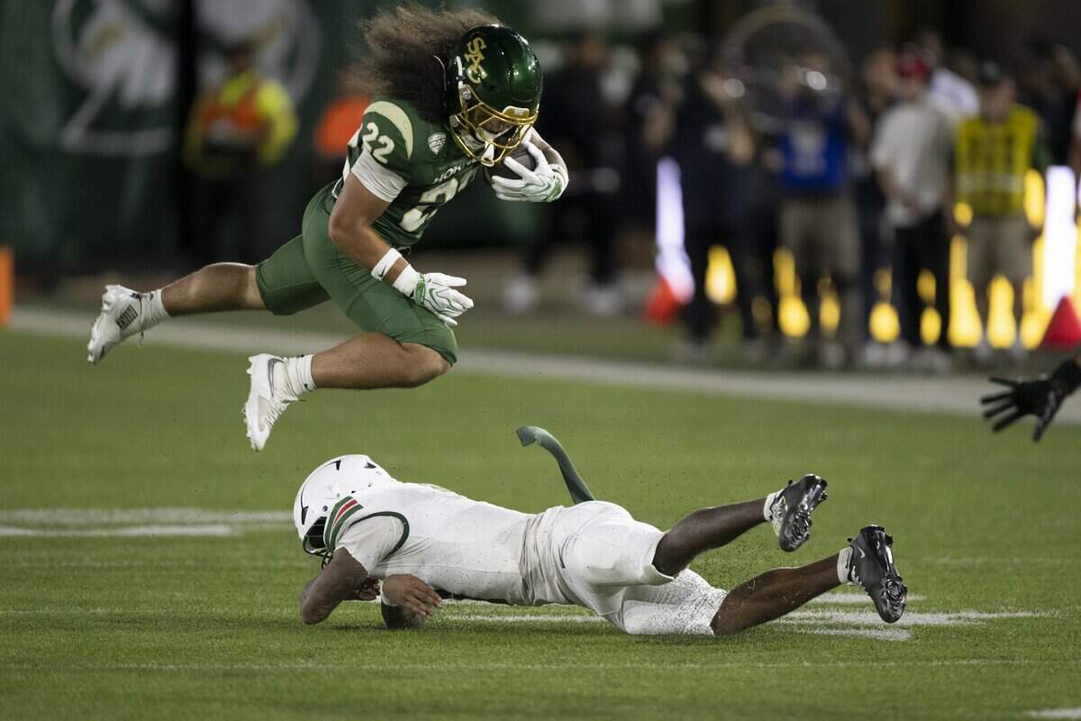 Sacramento State RB Isaiah Ene (22) is tackled by Mississippi Valley State CB Malek Jackson (7) in the first half on Saturday, Sept. 5, 2026 in Sacramento.
