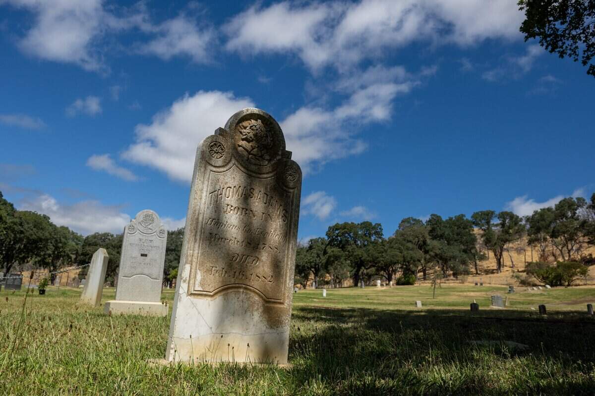 Gravestones from the original Monticello town cemetery, relocated during construction of Monticello Dam and Lake Berryessa in the 1950s, stand at Monticello Public Cemetery in Spanish Flat.