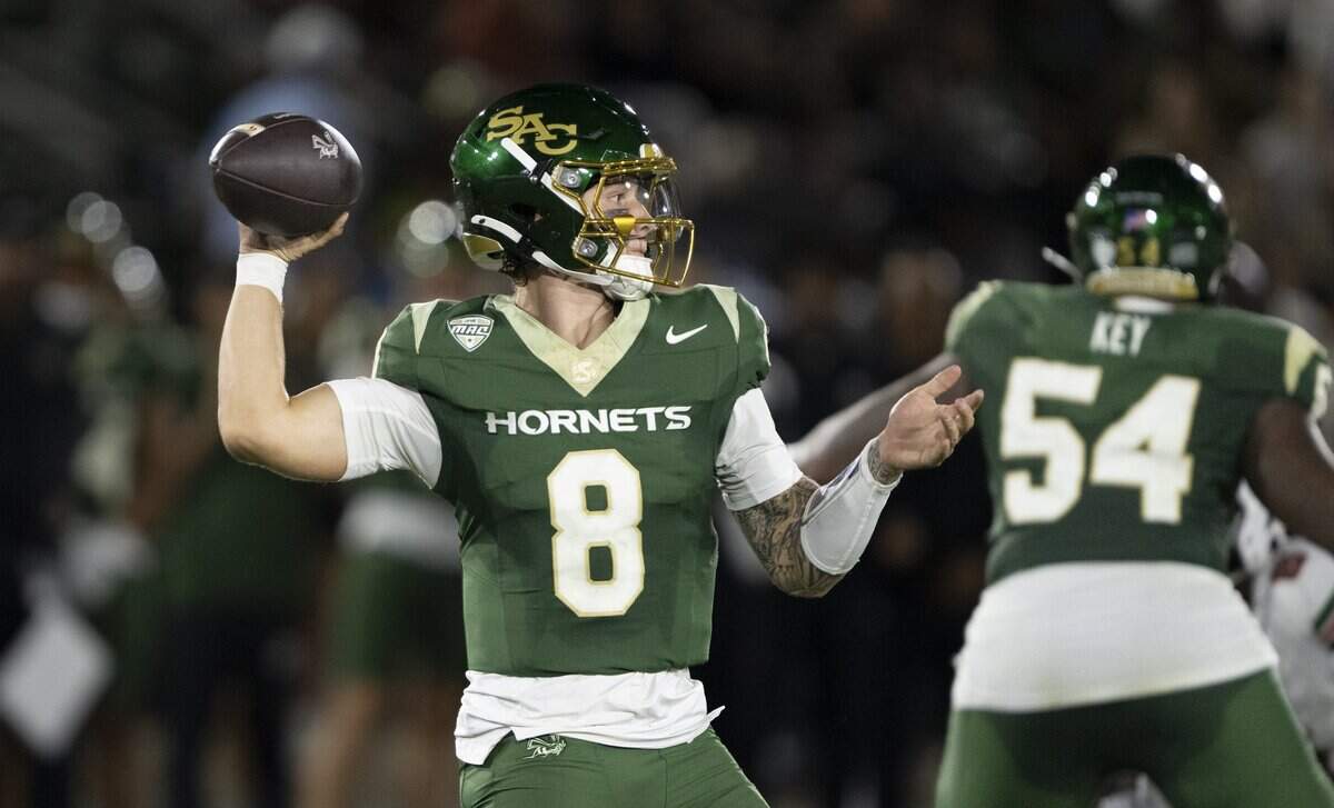 Sacramento State QB Jackson Sharman (8) drops back to pass in the first half against Mississippi Vally State on Saturday, Sept. 5, 2026 in Sacramento.