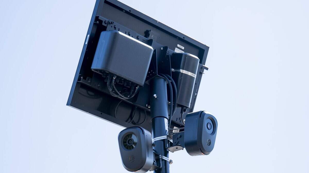 A Flock camera watches traffic near Five Star Boulevard in Roseville on Monday, Aug. 3, 2026.