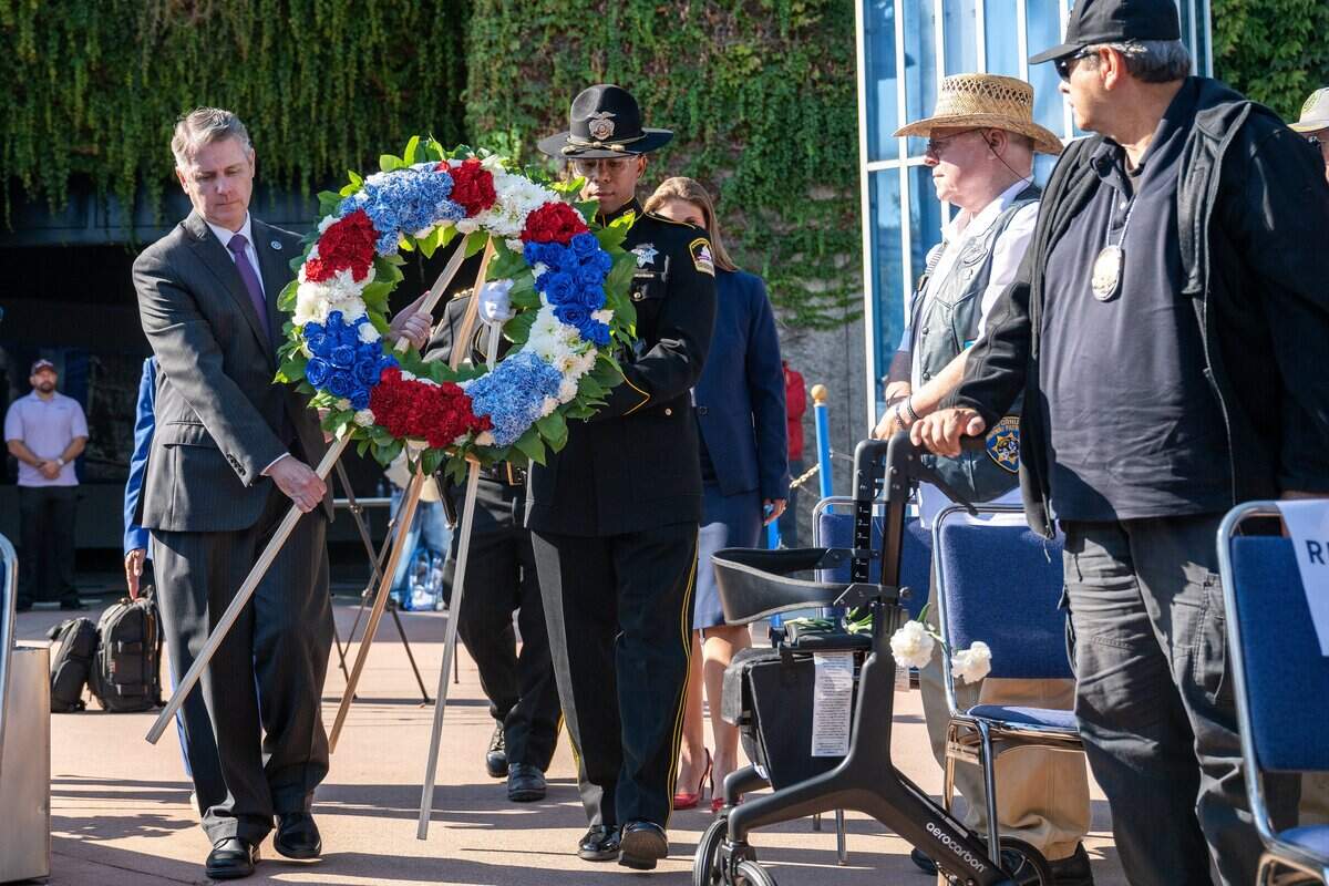 A wreath-laying ceremony during the 9/11 25th anniversary memorial event at Cal Expo in Sacramento on Friday, Sept. 11, 2026.