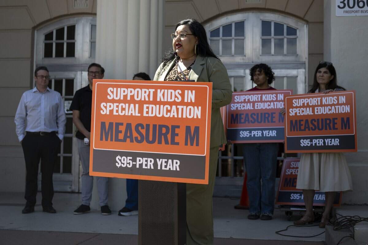 Sacramento City Unified School District trustee April K. Ybarra speaks in support of Measure M outside C.K. McClatchy High School in Sacramento on Tuesday. The parcel tax proposal will raise $10 million annually to fund special education.