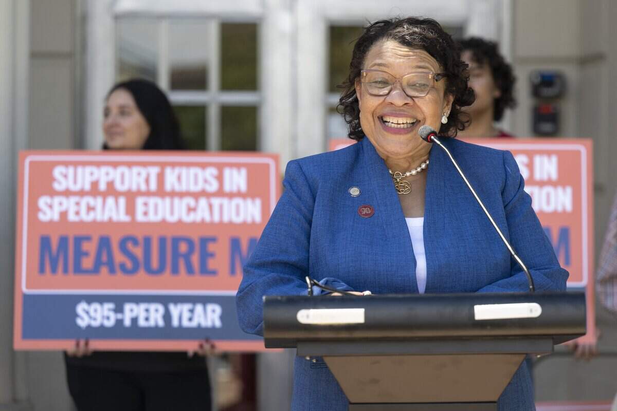 Princess Moss, president of the National Education Association, speaks in support of Measure M outside C.K. McClatchy High School in Sacramento on Tuesday. The parcel tax proposal will raise $10 million annually to fund special education.