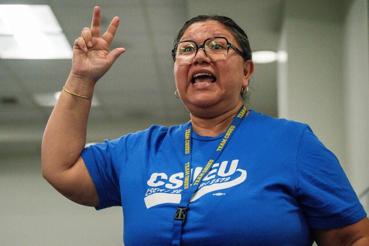 Vivian Mendoza, a California State University Employees Union member, speaks during a group meeting following a bargaining session between the union and the California State University system at Sac State Student Union in Sacramento on Wednesday, Sept. 2, 2026.