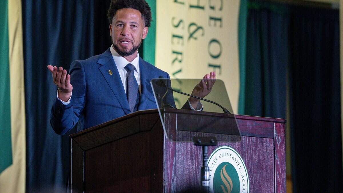 Sacramento State President Luke Wood speaks at the annual fall address in the campus' University Union Ballroom on Thursday, Aug. 27, 2026. Sac State received $150 million for a new engineering building in Sacramento, promising inclusive site selection and design after years of campus need.