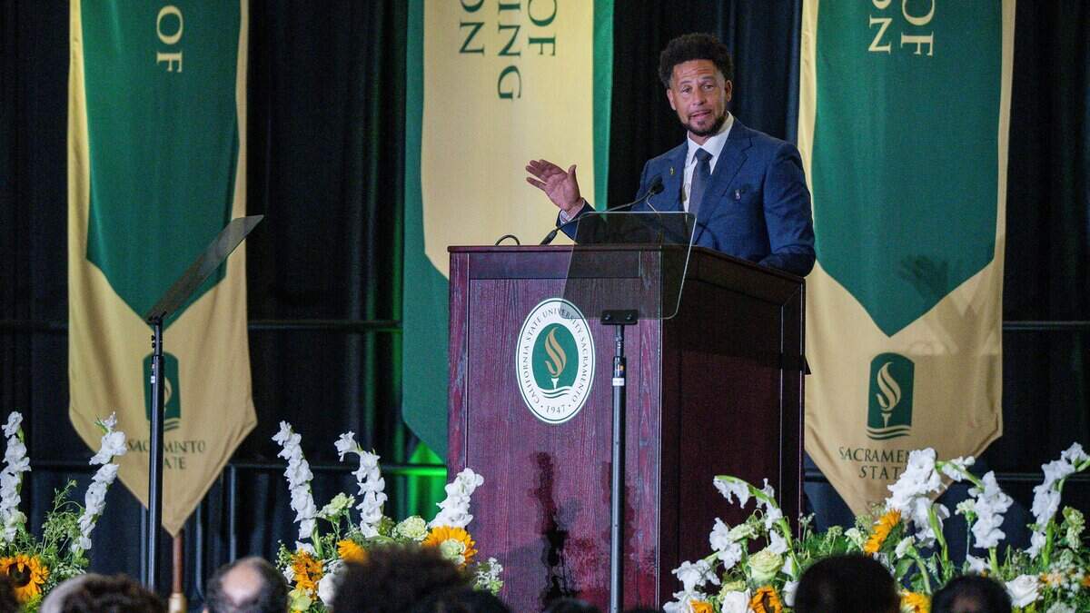 President Luke Wood speaks at the annual Fall Address at Sac State University Union Ballroom in Sacramento on Thursday, Aug. 27, 2026.