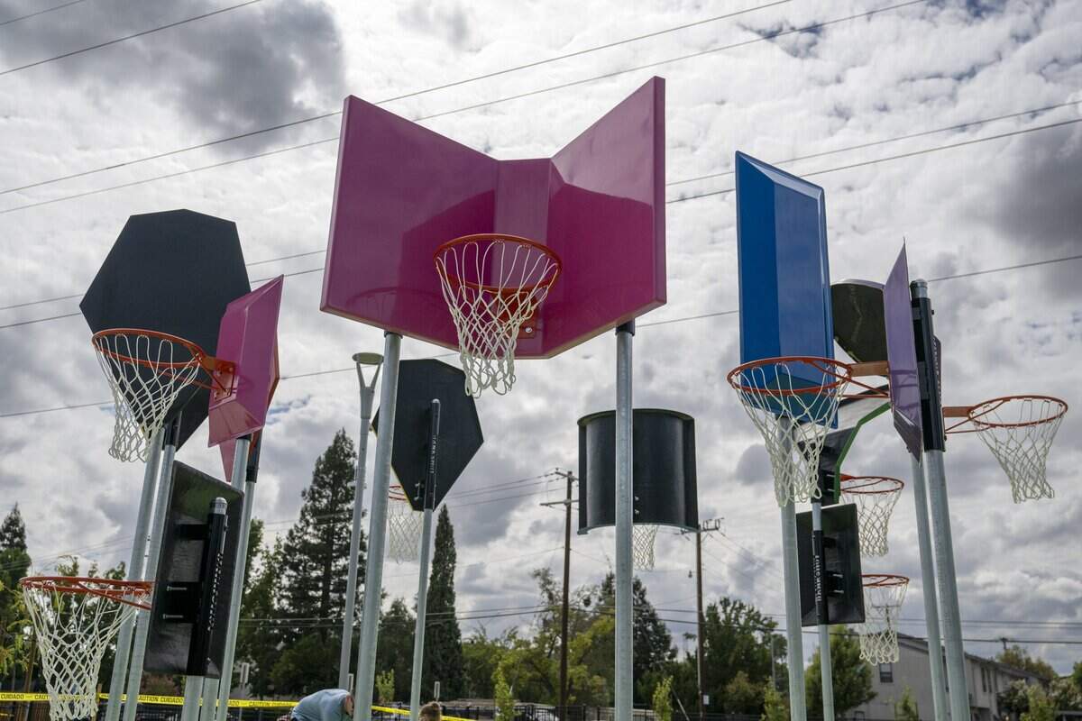 Basketball hoops with different angled backboards are ready for play at the new Empowerment Park, a sensory-friendly playground on Bell Street in Arden Arcade, on Wednesday.