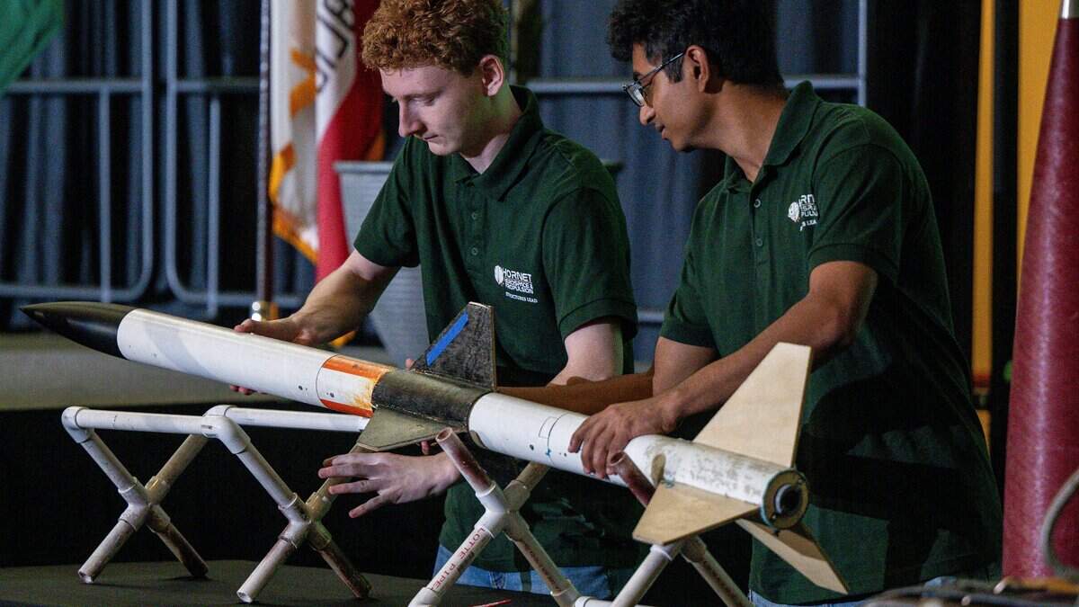 Members of the Hornet Aerospace and Propulsion Club showcase their work during Sacramento State President Luke Wood’s annual fall address in the campus' University Union Ballroom on Thursday, Aug. 27, 2026.