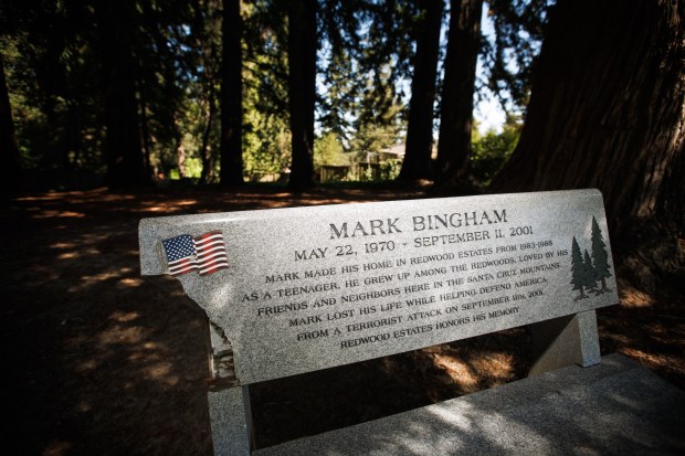 A memorial bench for Mark Bingham in Redwood Estates near Los Gatos, Calif., is pictured on Sept. 10, 2026. Bingham was among the brave passengers who stormed the cockpit of hijacked United Airlines Flight 93 to wrest control from the hijackers during the 9/11 attacks in 2001. (Dai Sugano/Bay Area News Group)