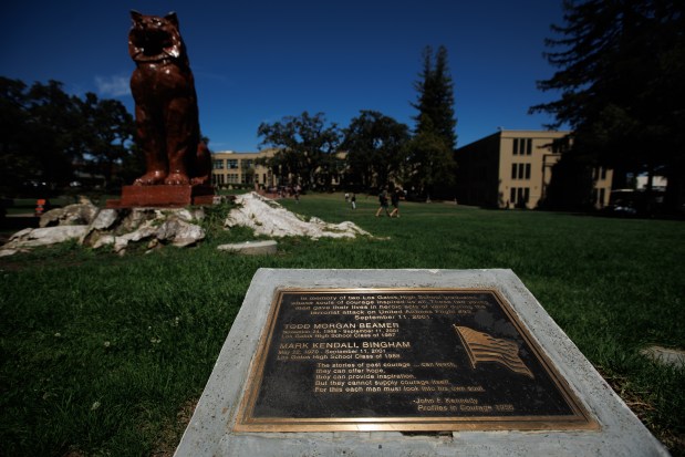 A memorial plaque at Los Gatos High School dedicated to Mark Bingham (Class of 1988) and Todd Beamer (Class of 1987) is pictured in Los Gatos, Calif., on Sept. 10, 2026. Both men were among the brave passengers who stormed the cockpit of the hijacked United Airlines Flight 93 to wrest control from the hijackers during the 9/11 attacks in 2001. (Dai Sugano/Bay Area News Group)