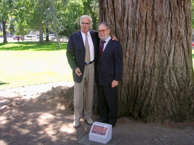 Former state Sen. Byron Sher, D-Palo Alto, right, with former state Senate leader John Burton, D-San Francisco, on Aug. 27, 2004 on the grounds of the state Capitol in Sacramento, Calif., after a redwood tree there was named in Sher's honor to commemorate his environmental achievements. (Photo: Kip Lipper)