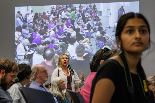 San Jose resident Frances Herbert, center,  speaks during a "Community Listening Session: Data Center and Large Energy Projects Uniform Standards" on Aug. 19, 2026, at City Hall in San Jose, Calif. (Dai Sugano/Bay Area News Group)