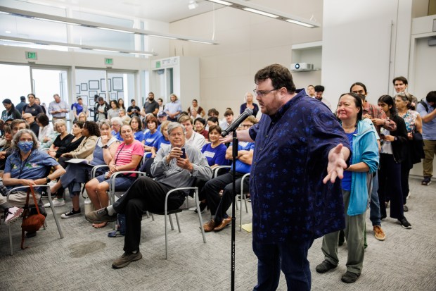 San Jose resident Devon Klosterman speaks during a "Community Listening Session: Data Center and Large Energy Projects Uniform Standards" on Aug. 19, 2026, at City Hall in San Jose, Calif. (Dai Sugano/Bay Area News Group)