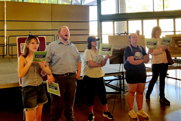 Several Gilroy residents protest an upcoming Amazon data center in Gilroy, Calif. at an informational session hosted by Amazon at Gilroy High School on June 3, 2026. (Luis Melecio-Zambrano/Bay Area News Group)